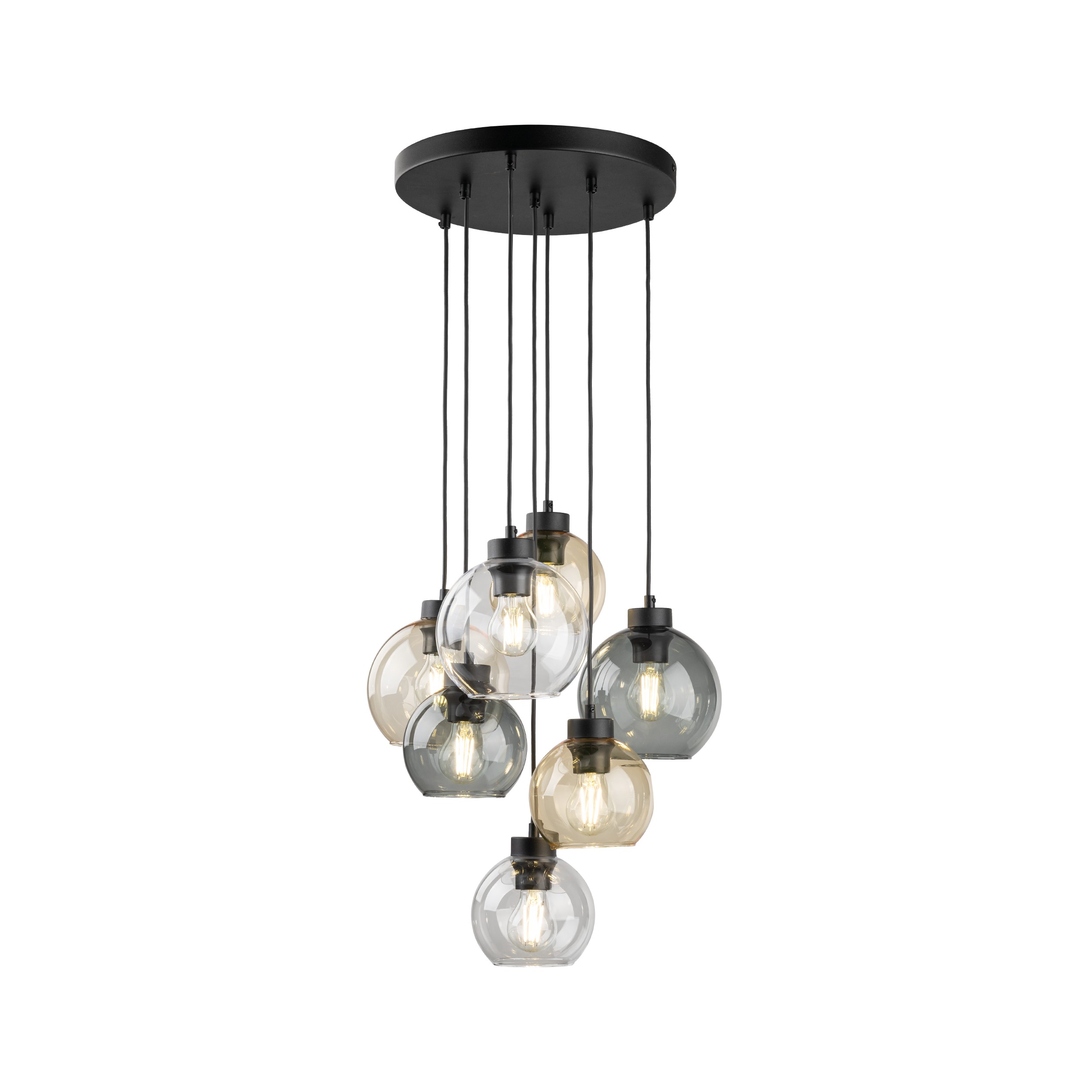 Lampa wisząca CUBUS czarna mix okrągłych szklanych kloszy transparentnych przyciemnianych bursztynowych 140x49cm - TK_10246