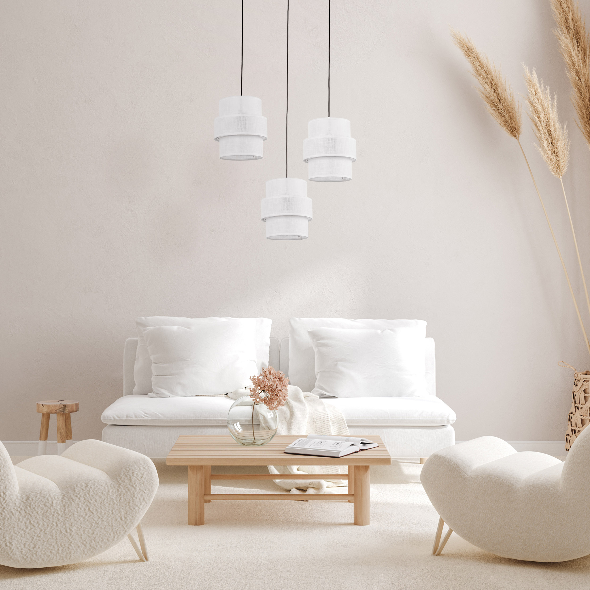 Lampa wisząca CALISTO czarna z białymi kloszami z tkaniny podwieszona dodatkowo 150cm - TK_5975