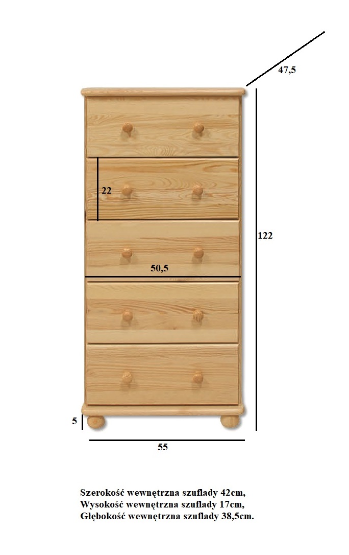 KD115 komoda S55 W122 G47 sosna surowy DREWMAX - 26205