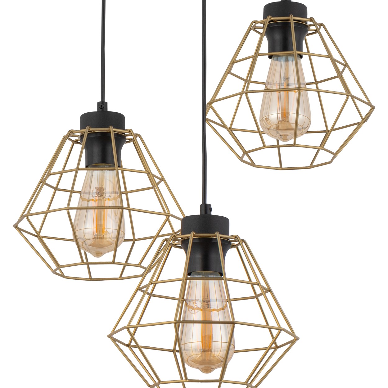 Lampa wisząca DIAMOND czarna ze złotymi ażurowymi kloszami potrójna na okrągłej podstawie 110x47cm - TK_4451