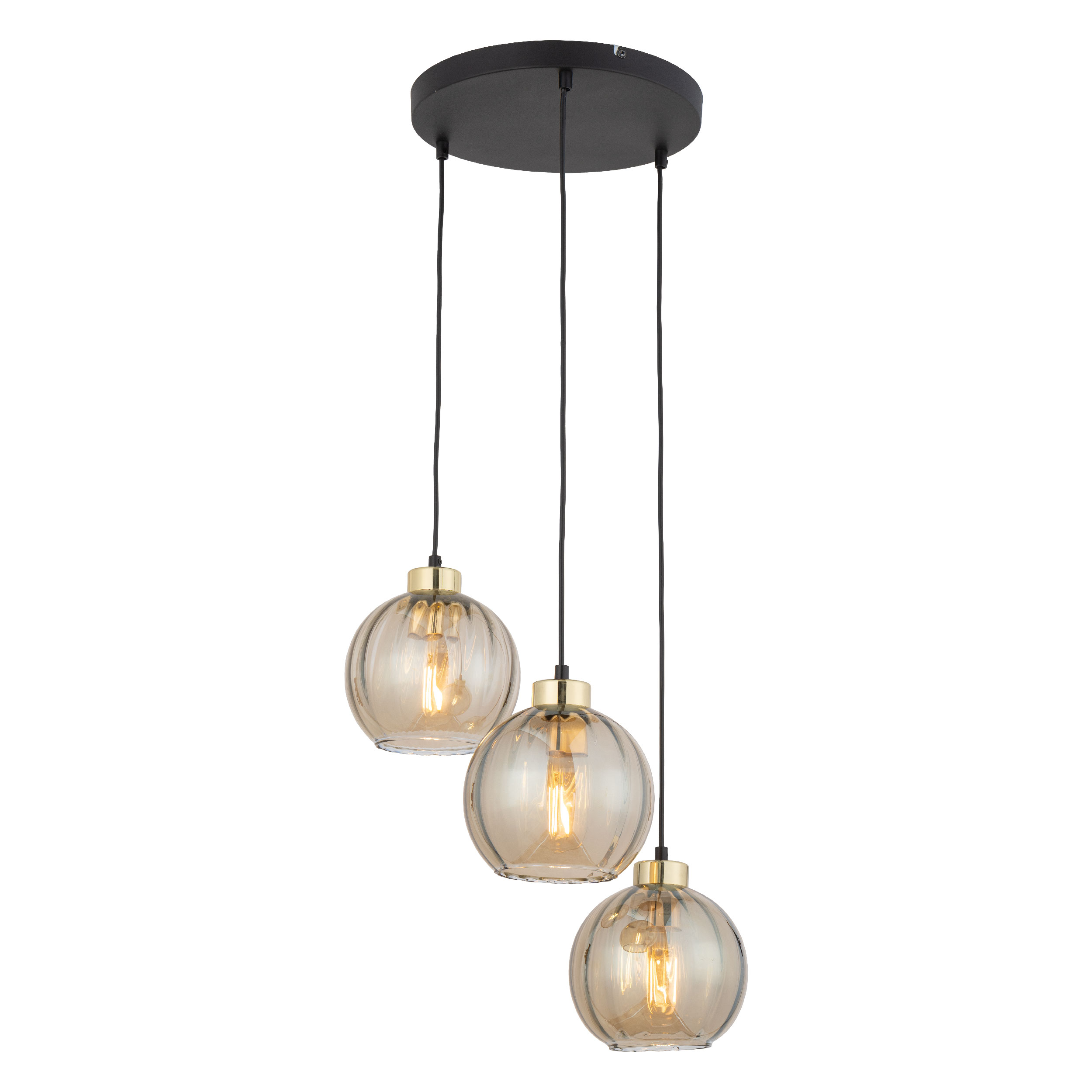 Lampa wisząca DEVI czarna ze złotymi elementami bursztynowymi szklanymi kloszami 95x37x35cm - TK_4637